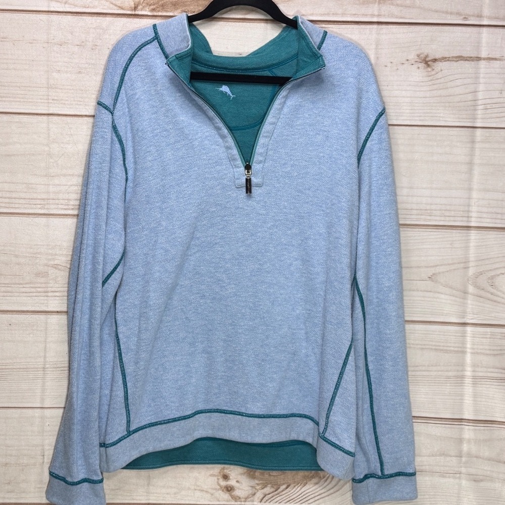 Tommy Bahama Mens Reversible Quarter Zip Pullover Blue Teal Heather Sweater L/XL